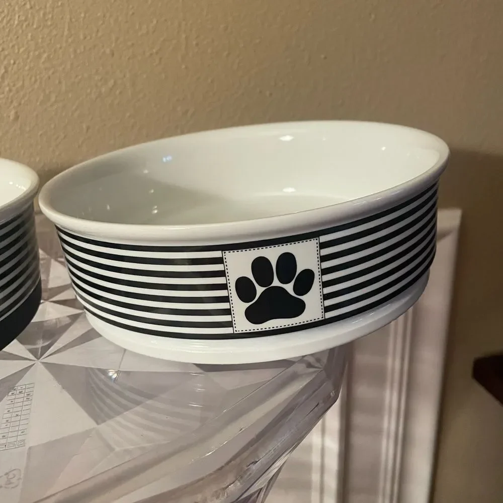 Bone Dry Classic Black and White Ceramic Sturdy Dog Bowls x 2